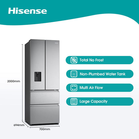 Hisense RF632N4WIF 70cm Freestanding French Door Fridge Freezer Metallic with Water Dispenser 70 × 200 × 69.4 cm (W×H×D),Grey [Energy Class F]