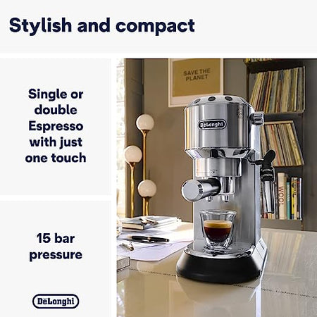 De'Longhi Dedica Style, Traditional Pump Espresso Machine, Coffee and Cappuccino Maker, EC685M, 1 liter, Silver